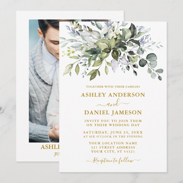 Aquarell Grüne Dusty Blue Foto Wedding Gold Einladung (Vorne/Hinten)