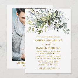 Aquarell Grüne Dusty Blue Foto Wedding Gold Einladung