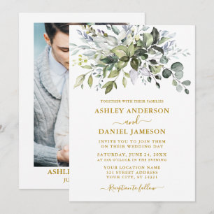 Aquarell Grüne Dusty Blue Foto Wedding Gold Einladung
