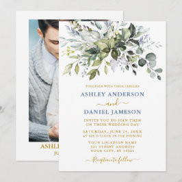 Aquarell Grüne Dusty Blue Gold Foto Hochzeit Einladung