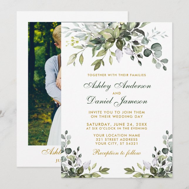 Aquarell Grüne Goldene Foto Hochzeit Einladung (Vorne/Hinten)