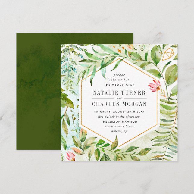 Aquarell-grüne Laub-Hochzeits-mit Blumeneinladung Einladung (Vorne/Hinten)