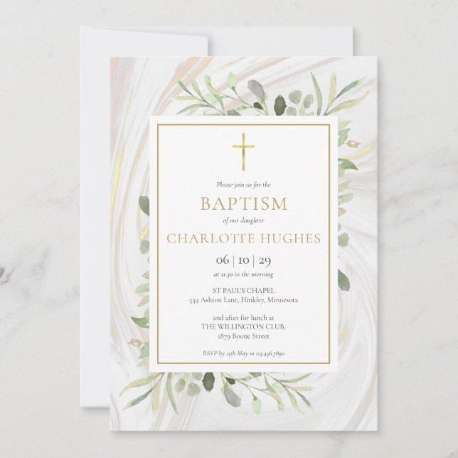 Aquarell Grüne Marmor Taufe Christening Einladung (Vorderseite)