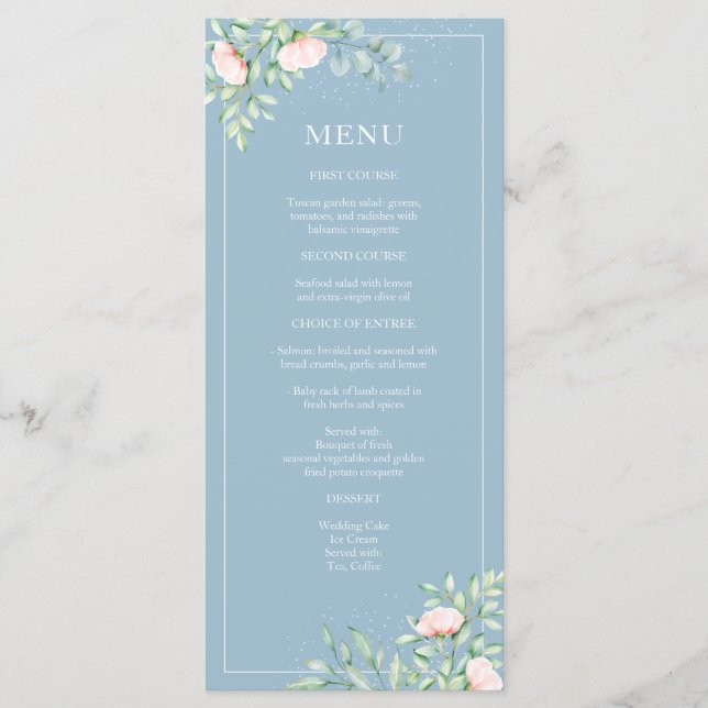 Aquarell Grüne Peach Rose Dusty Blue Wedding Menükarte (Vorderseite)