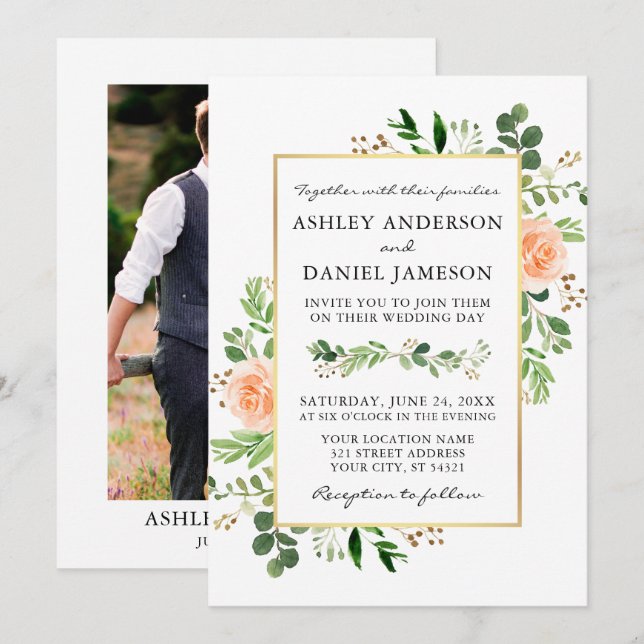 Aquarell Grüne Peach Rose Foto Hochzeit Einladung (Vorne/Hinten)