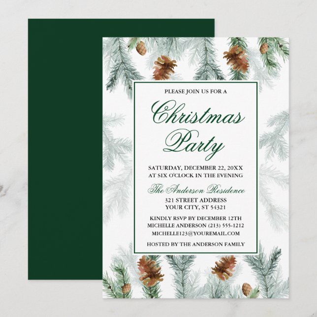 Aquarell Grüne Pine Cones Weihnachts-Party Einladung (Vorne/Hinten)