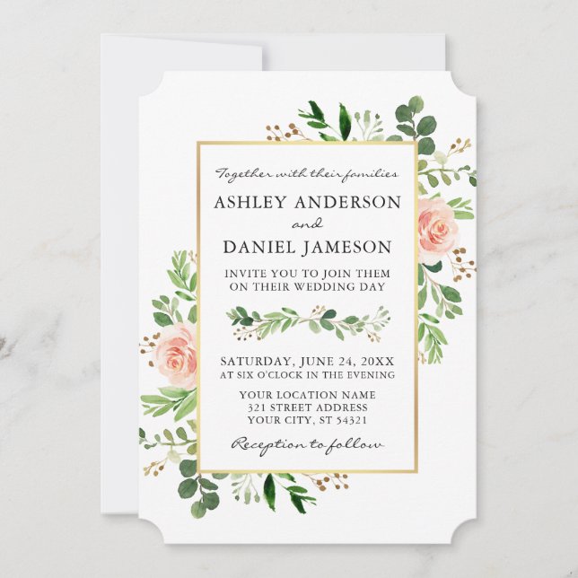 Aquarell Grüne Rosa Rose Hochzeit Einladung (Vorderseite)