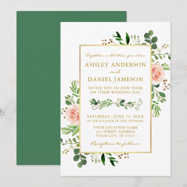 Aquarell Grüne Rosen Hochzeit Gold Einladung (Vorne/Hinten)