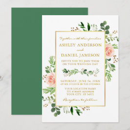 Aquarell Grüne Rosen Hochzeit Gold Einladung