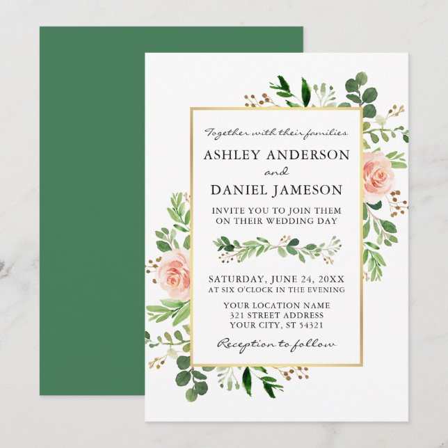 Aquarell Grüne Rosen Hochzeit Gold Einladung (Vorne/Hinten)