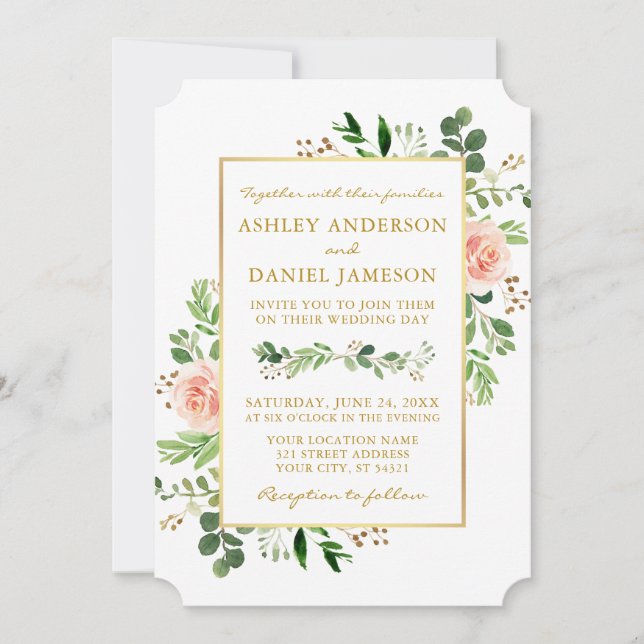 Aquarell Grüne Rosen Hochzeit Gold Einladung (Vorderseite)