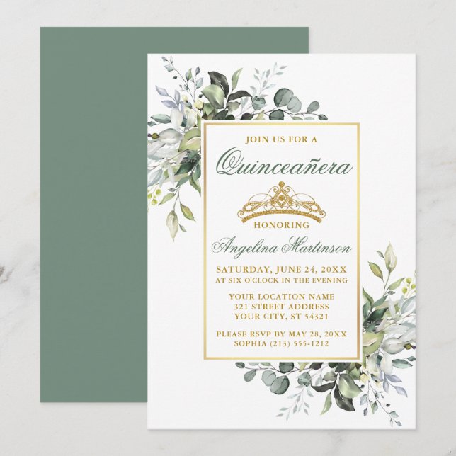Aquarell Grüne Sage Green Gold Quinceanera Einladung (Vorne/Hinten)