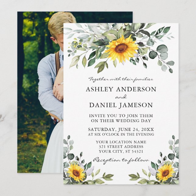 Aquarell Grüne Sonnenblumen Foto Hochzeit Einladung (Vorne/Hinten)