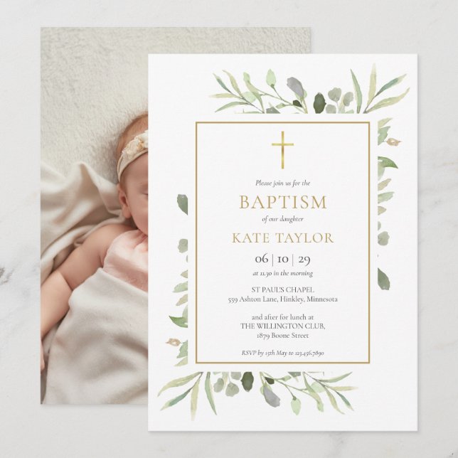 Aquarell Grüne Taufe Christening Foto Einladung (Vorne/Hinten)