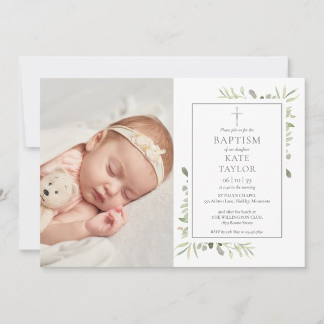Aquarell Grüne Taufe Christening Foto Einladung (Vorderseite)