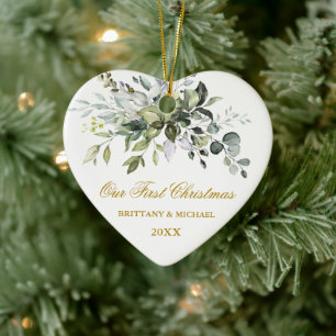 Aquarell Grüne Unser erstes Weihnachtslied Gold Keramik Ornament