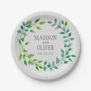 Aquarell-grüner Blatt-Kranz Wedding   Pappteller