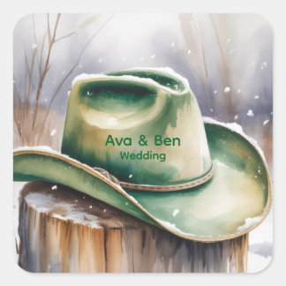 Aquarell Grüner Cowboyhut in Schneehochzeit Quadratischer Aufkleber