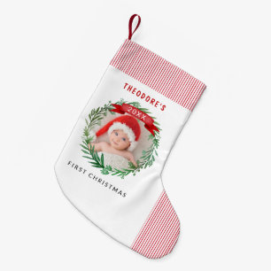 Aquarell-grüner Kranz Erstes Weihnachten Baby-Foto Kleiner Weihnachtsstrumpf