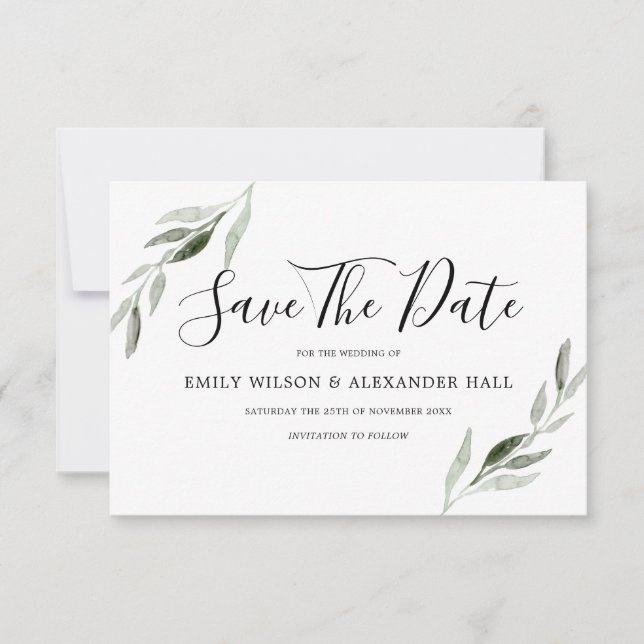 Aquarell Grünes Blatt Moderne Hochzeit Save The Date (Vorderseite)