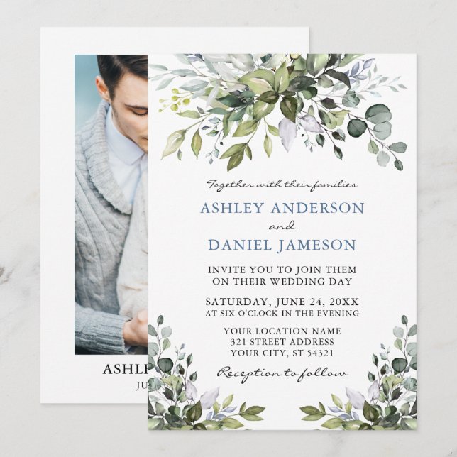 Aquarell Grünes Foto Dusty Blue Wedding Einladung (Vorne/Hinten)