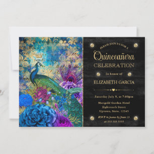 Aquarell-Grunge-Pfau und Blumen Quinceanera Einladung