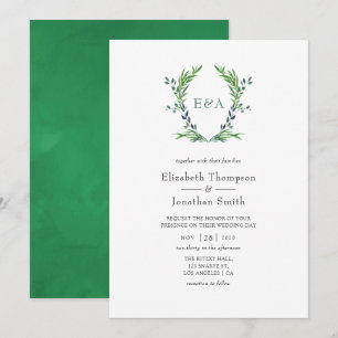 Aquarell-Grünlaub-Lorbeerkamm-Monogramm-Hochzeit Einladung