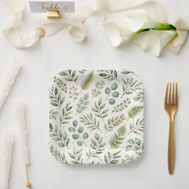 Aquarell-Grünmuster | Botanische Blätter Pappteller (Hochzeit)