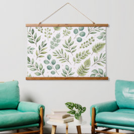 Aquarell-Grünmuster | Botanische Blätter Wandteppich Mit Holzrahmen