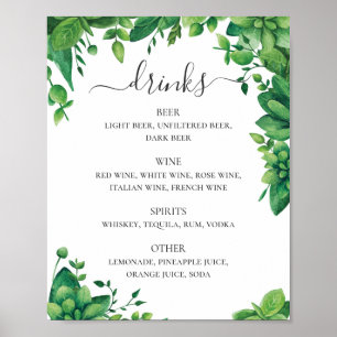 Aquarell-Grünpflanzen-Hochzeitsgetränke-Menü Poster