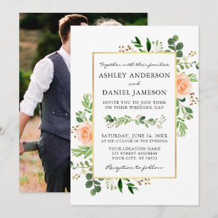 Aquarell Grünpflanzen Peach Rose Foto Back Wedding Einladung