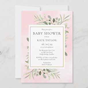 Aquarell Grünpflanzen Pink Babydusche   Sprinkle Einladung