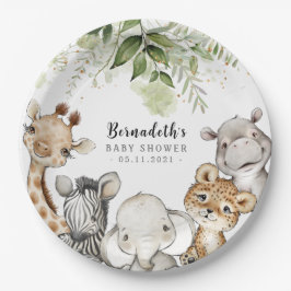 Aquarell Grünpflanzen Safari Tiere Kinderdusche Pappteller