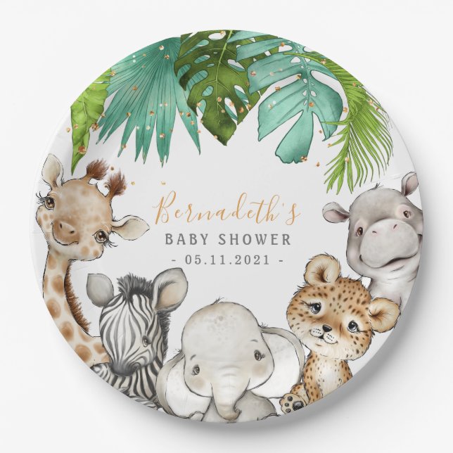 Aquarell Grünpflanzen Safari Tiere Kinderdusche Pappteller (Vorderseite)