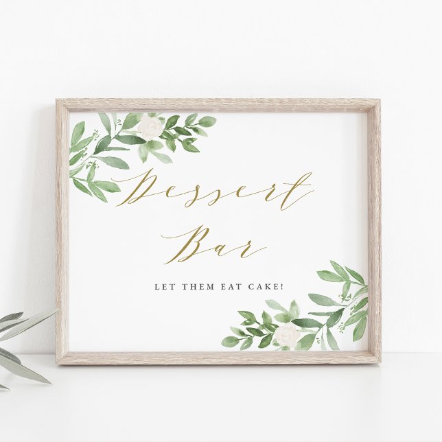 Aquarell Grünpflanzen und weiße Blume Dessert Bar Poster (Von Creator hochgeladen)