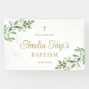 Aquarell Grünpflanzen und weiße Blumen Taufe eines Banner