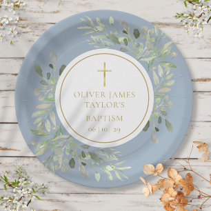 Aquarell-Grüntaufe Christening Blau Pappteller