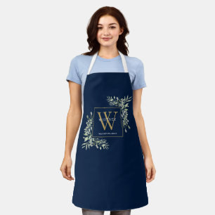 Aquarell Grünzeug Blätter Navy Blau Gold Monogramm Schürze