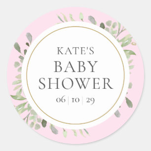 Aquarell Grünzeug Blätter Rosa Baby Mädchen Shower Runder Aufkleber