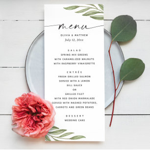 Aquarell Grünzeug Blumenblätter Schrift Hochzeit Menükarte