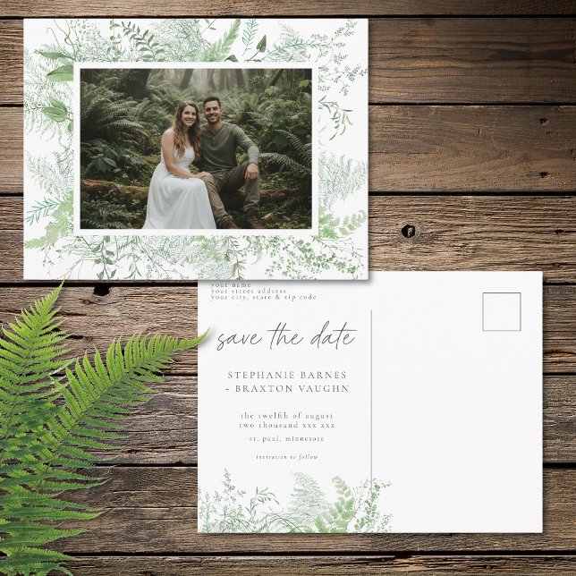 Aquarell Grünzeug Farn Rustikal Datum speichern Fo Postkarte (Watercolor Greenery Fern Rustic Save Date Photo Postcard)