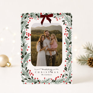 Aquarell-Grünzeug & roter Schleife Weihnachts-Foto Einladung
