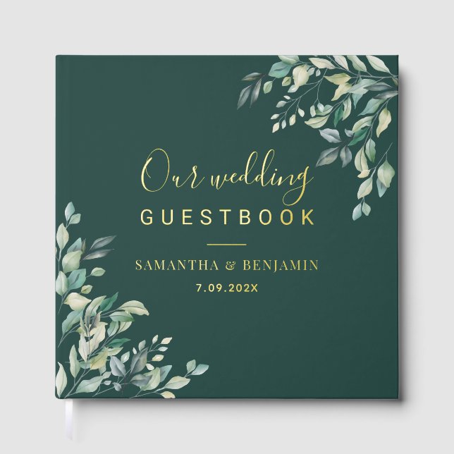 Aquarell-Grünzeug-Script-Hochzeit Gästebuch (Vorderseite)