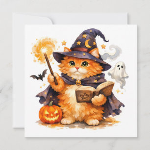 Aquarell Halloween Orange Katze Zauberer Karte