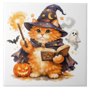 Aquarell-Halloween-Zauberkatze mit Geist Fliese
