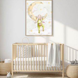 Aquarell-Häschen beim Mondklettern fürs Kinderzimm Poster