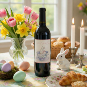 Aquarell-Häschen in Teetasse   Ostern-Weinetikett Weinetikett