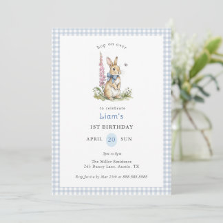 Aquarell-Hase blau Gingham Junge 1. Geburtstag Einladung