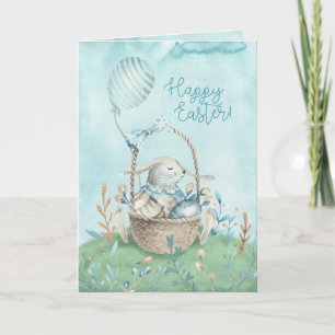 Aquarell-Hase, Eier, Blumen und Korb Karte