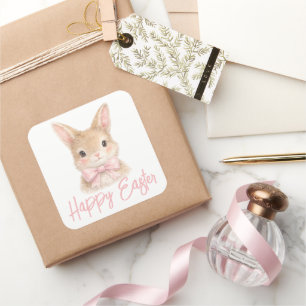 Aquarell-Hase mit rosa Schleife  Süßer Osterhase Quadratischer Aufkleber